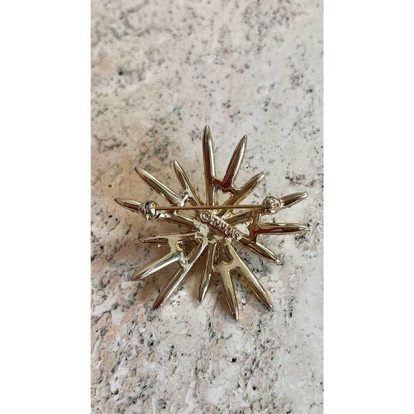 Vintage Emmons Womens Silver Rhinestone Starburst Aurora Borealis Pearl Brooch - Picture 4 of 7